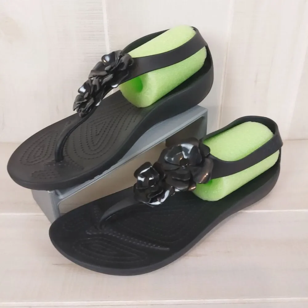 Crocs Serena Floral Embellish Sexi Flip Sandal Black Women 8 Flower T-Strap